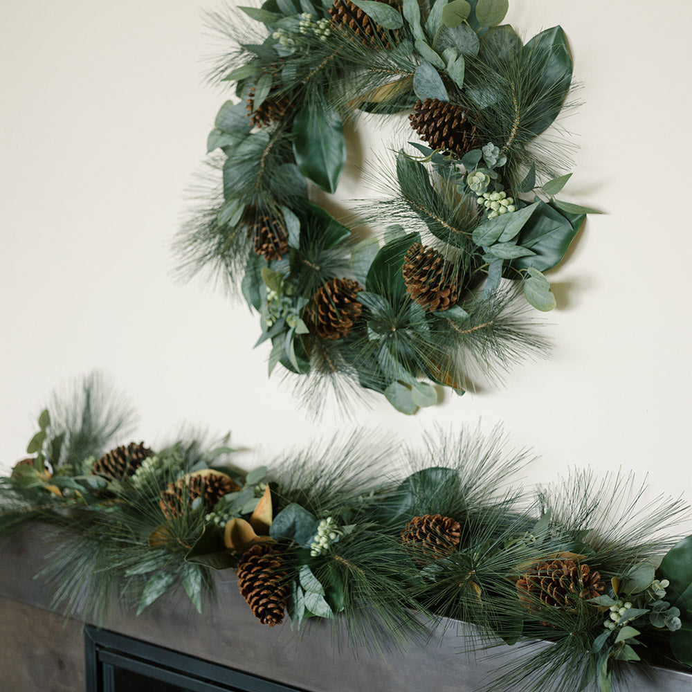 Lifelike Faux Magnolia, Eucalyptus, Pinecone & Needle Pine