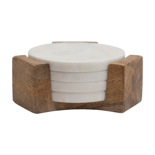 Marble Coaster Set with Wood Base, Set of 4