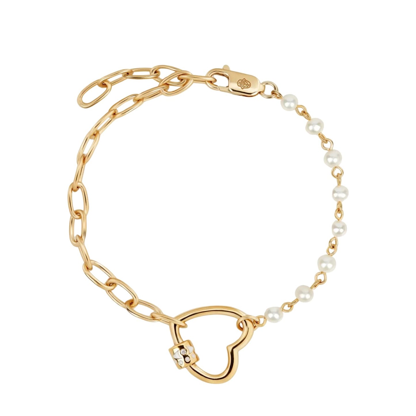 Iridescent Grace - Pearl Diamond Heart Charm Bracelet