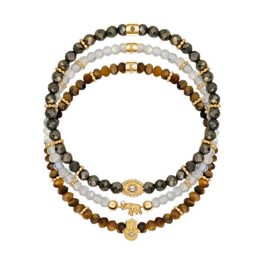 Fierce Spirit - Tiger's Eye Labradorite Pyrite Triple Protection Bracelet Stack