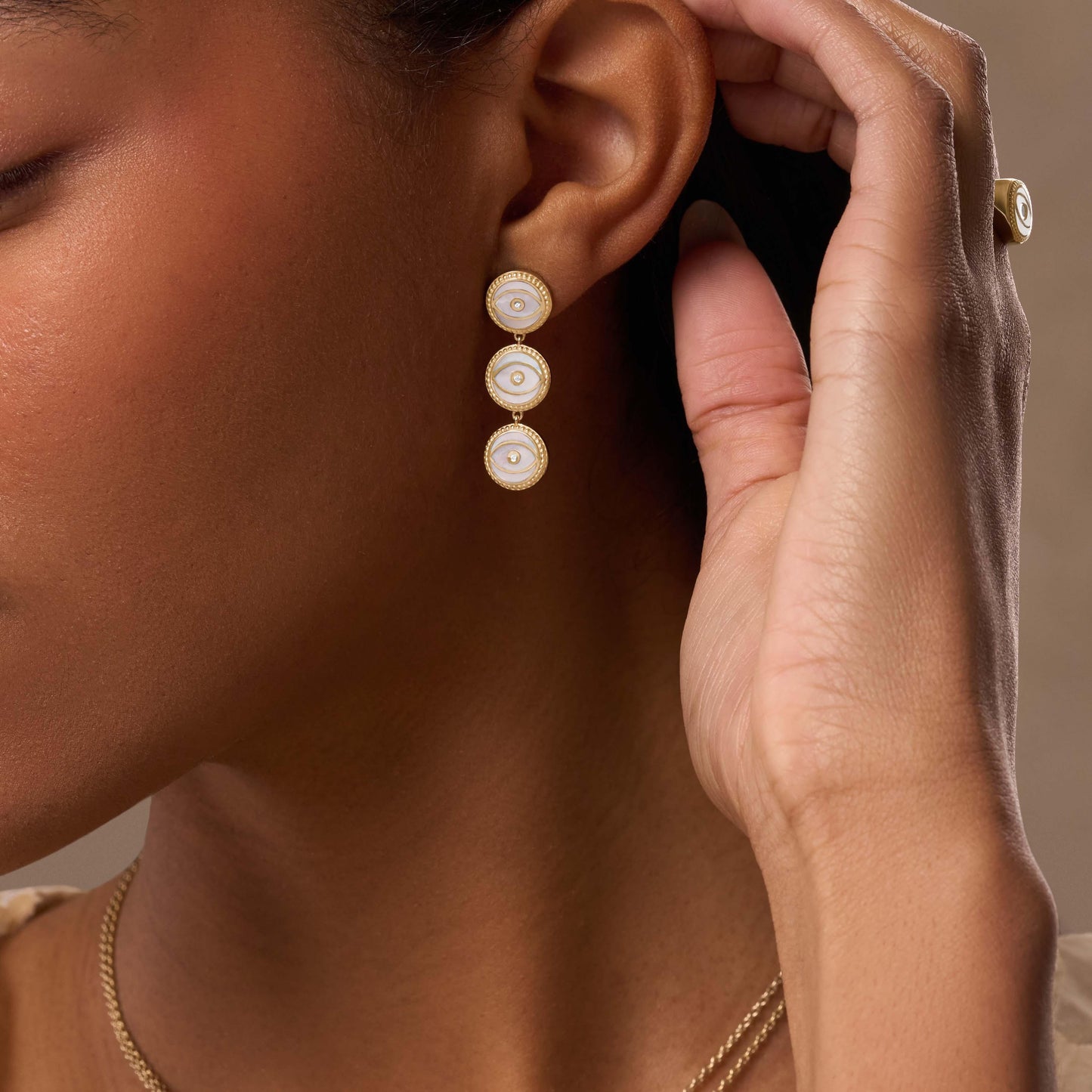 Triple Blessings Evil Eye Mother of Pearl Earrings