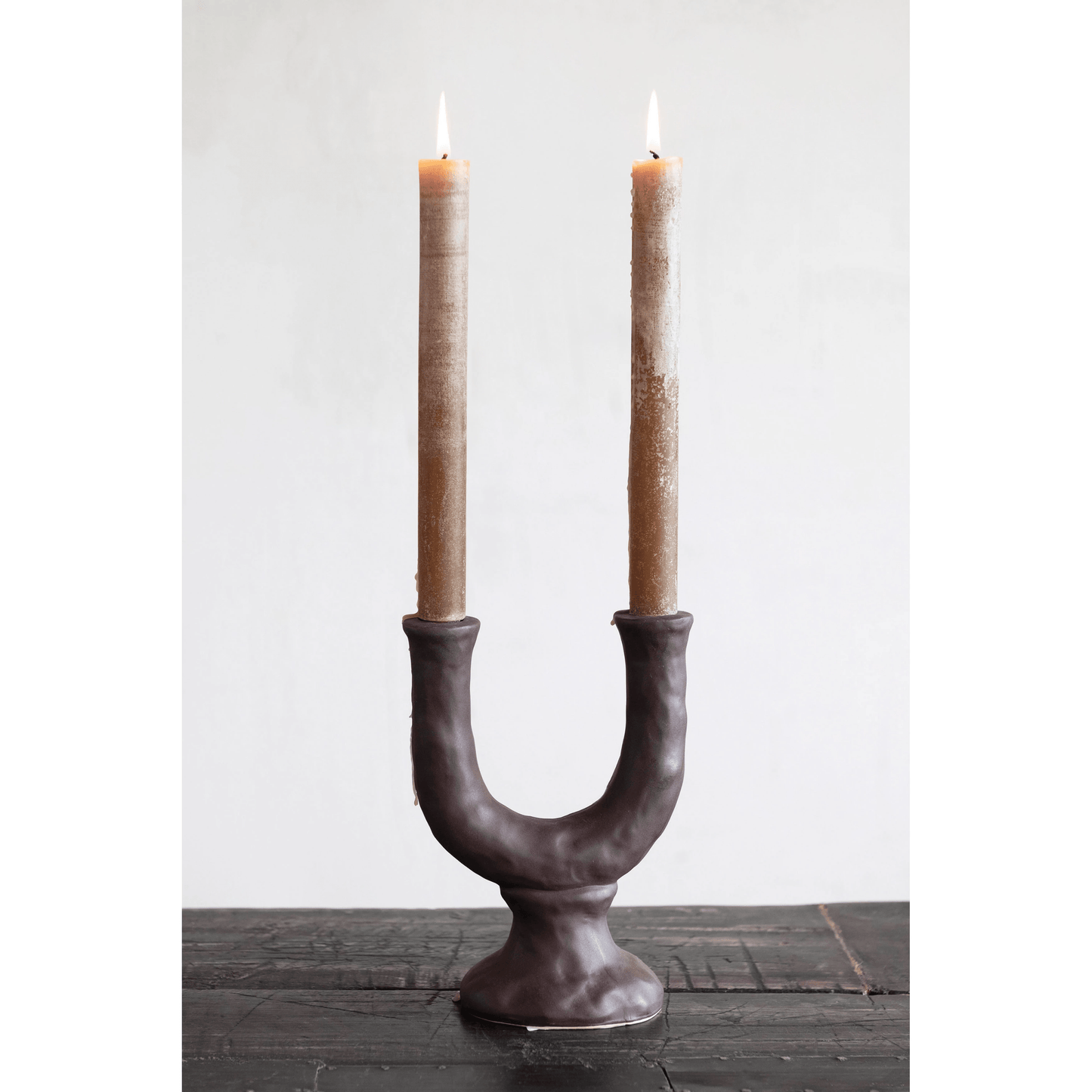 Stoneware Double Taper Candle Holder in Chocolate