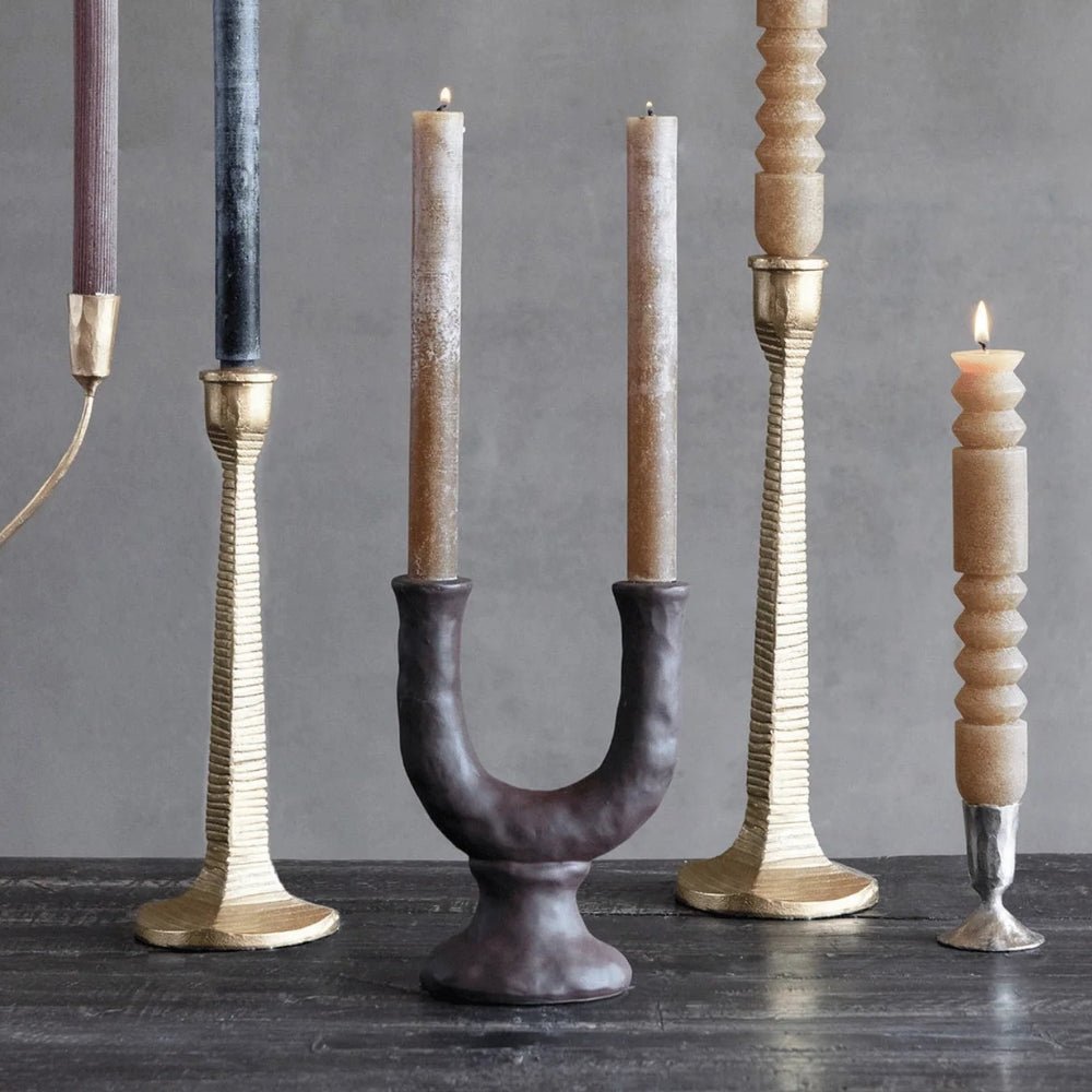 Stoneware Double Taper Candle Holder in Chocolate