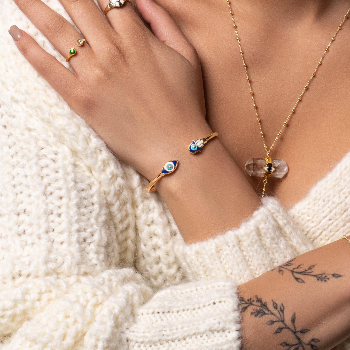 Positive Light - Enamel Hamsa Evil Eye Cuff