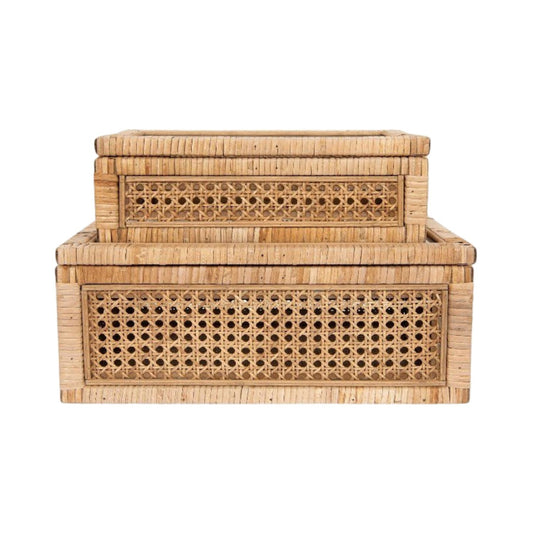 Woven Rattan & Wood Display Boxes with Glass Lid, Set of 2