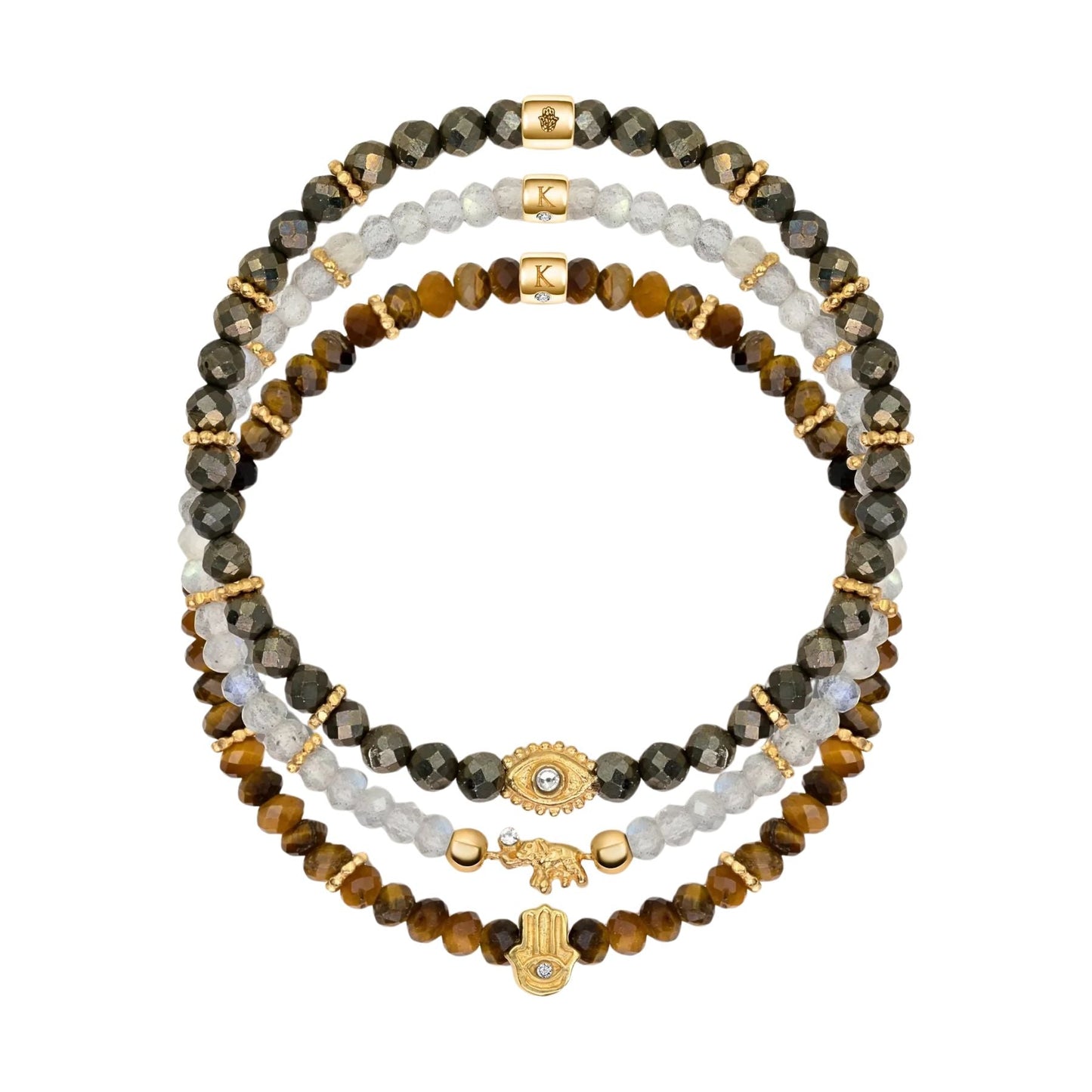 Fierce Spirit - Tiger's Eye Labradorite Pyrite Triple Protection Bracelet Stack