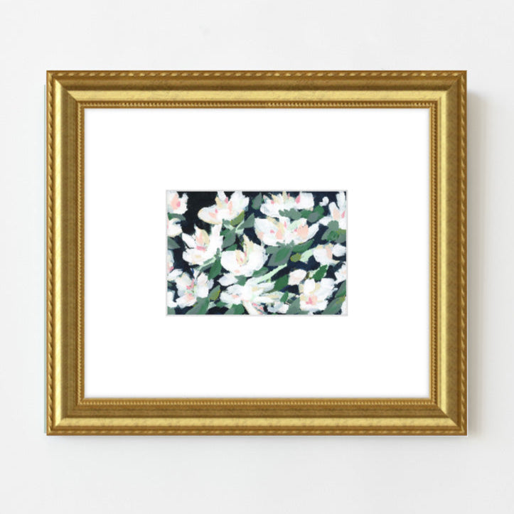White Blossoms at Midnight, Fine Art Print with Oversized Mat